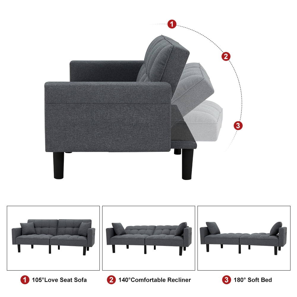 AVAWING Modern Upholstered Sofa Bed, Convertible Sectional Sofa, Upholstered Futon Linen Tufted Couch w/ 2 Pillows, Apartment, Gray
