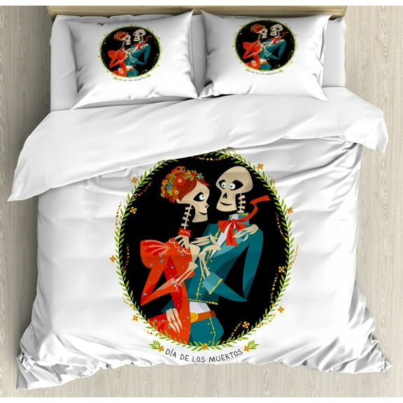 Day of the Dead Duvet Cover Set King Size, Skeleton Couple in Love Oval Frame with Green Leaves Mexican Tradition, Decorative 3 Piece Bedding Set with 2 Pillow Shams, Multicolor, by Ambesonne
