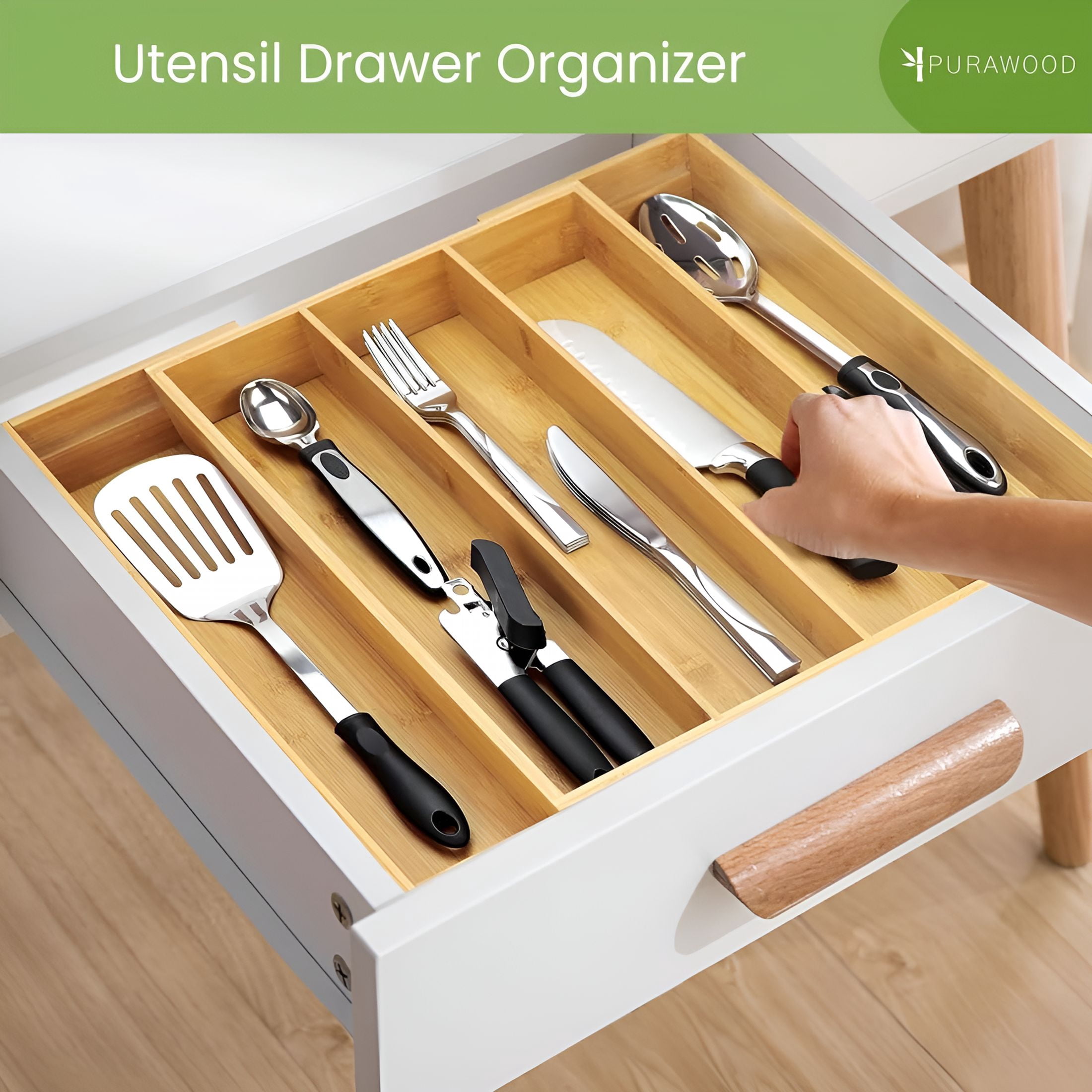 ACDANC Kitchen Drawer Organizer - Expandable Utensil Drawer Organizer for Kitchen,Cutlery Tray & Silverware Organizer,3-5 Slots - Bamboo Organizer for Utensils & Flatware (Natural)