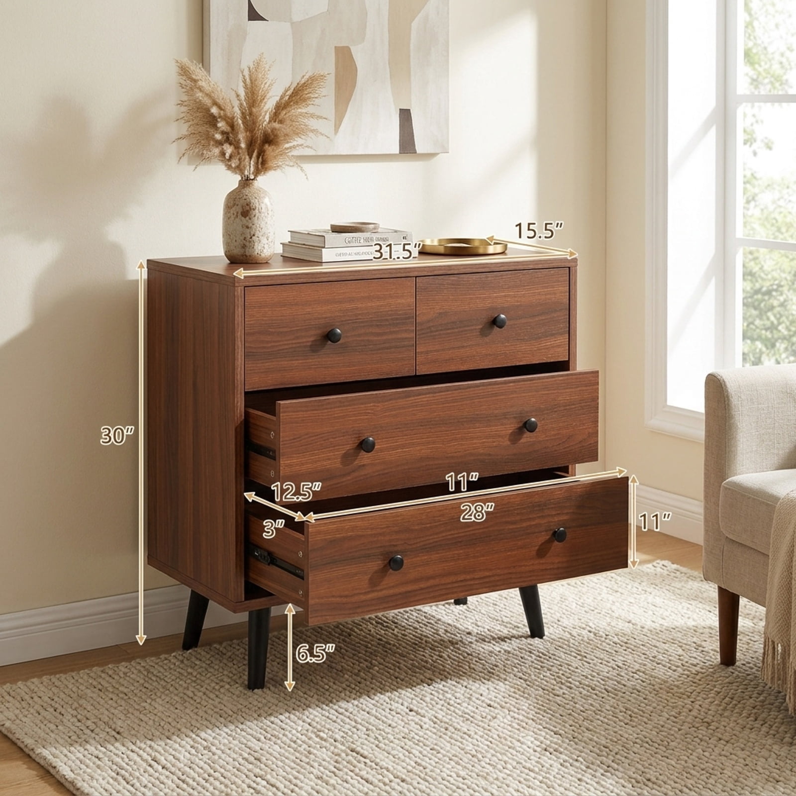 Furnibear Wide Wooden Dresser with 4 Drawers for Bedroom Living Room for Bedroom Closet Living Room Nursery Clothes Storage, Walnut