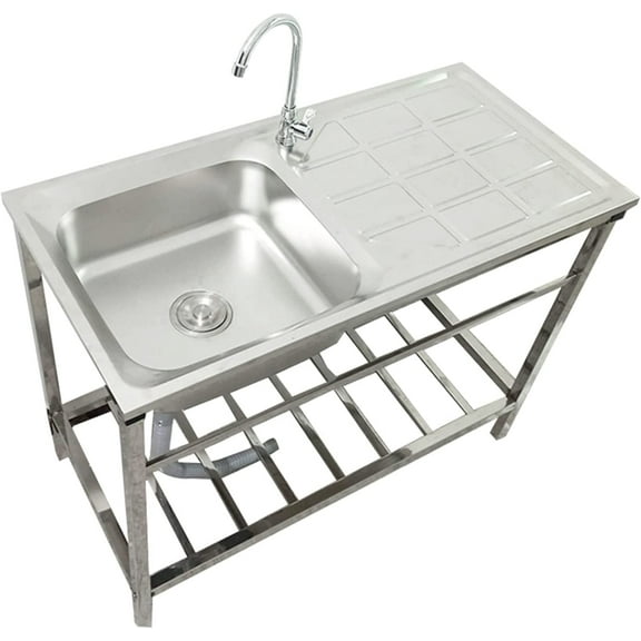 Stainless Steel Utility Sink, Single Bowl Commercial Kitchen Sink With Drainer Shelves, Restaurant Stand Sink For Garage, Laundry Room - Washing Hand Basin W/Workbench
