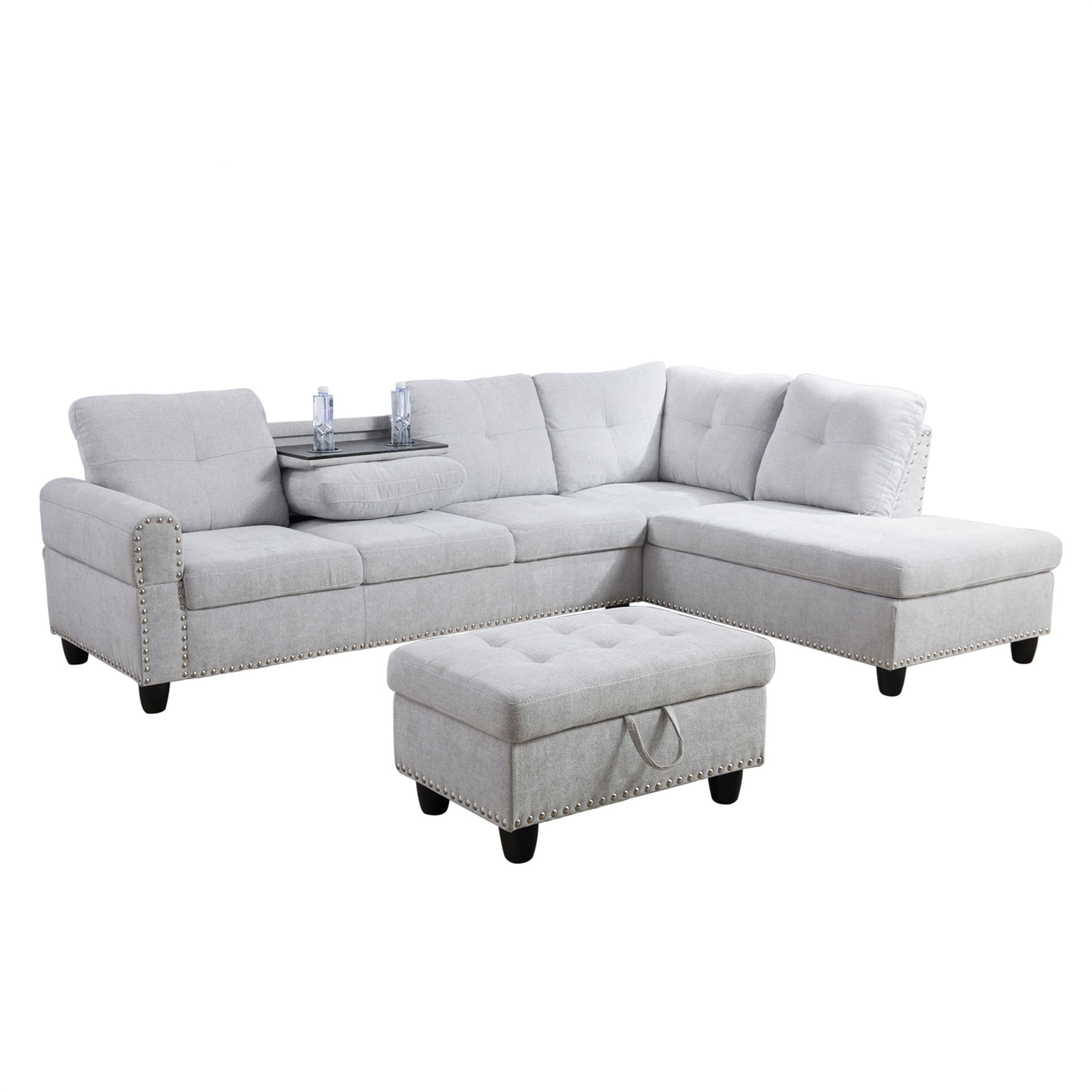 Aukfa 3 Piece Sofa Set, L shape Sectional Couch with Storage Ottoman&Cup Holder, Linen, Right Hand, Light Gray