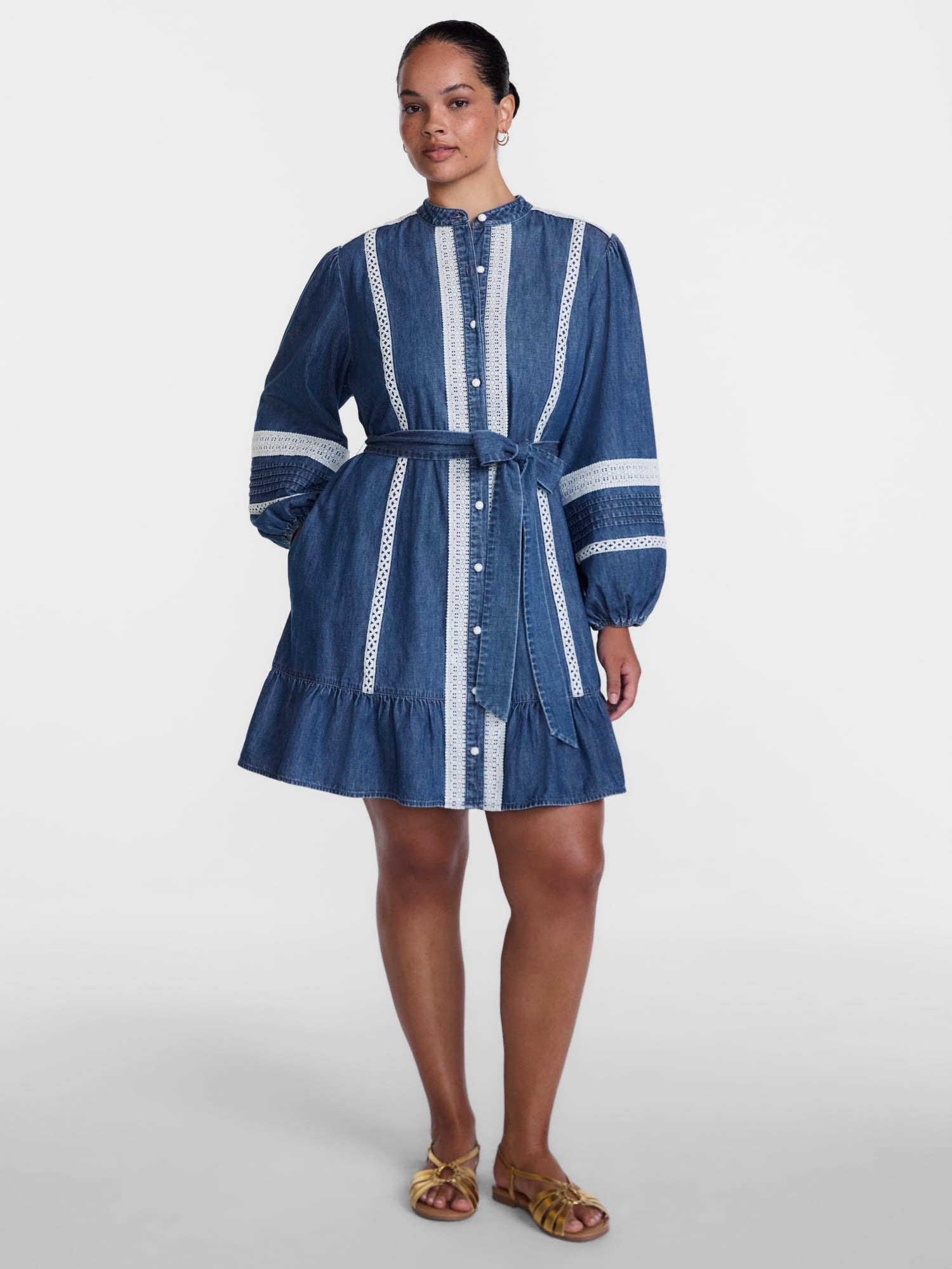 Scenario Women's and Women's Plus Button Up Eyelet Mini Dress, Sizes XXS-4X