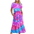 thumbnail image 1 of Qiopertar Robe d'Été Décontractée à Manches Courtes Col Rond Robe Maxi Fluide à Volants de Plage avec Poches Robe à Imprimé Dégradé Grandes Économies de Vacances! jusqu'à 90 % de Réduction, 1 of 5
