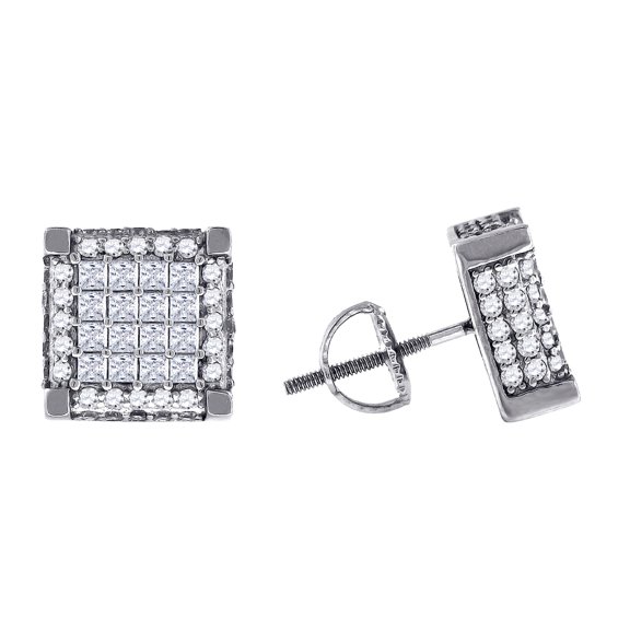 925 Sterling Silver Mens Princess Cubic Zirconia Square Stud Earrings Earring for Men - 4.2 Grams