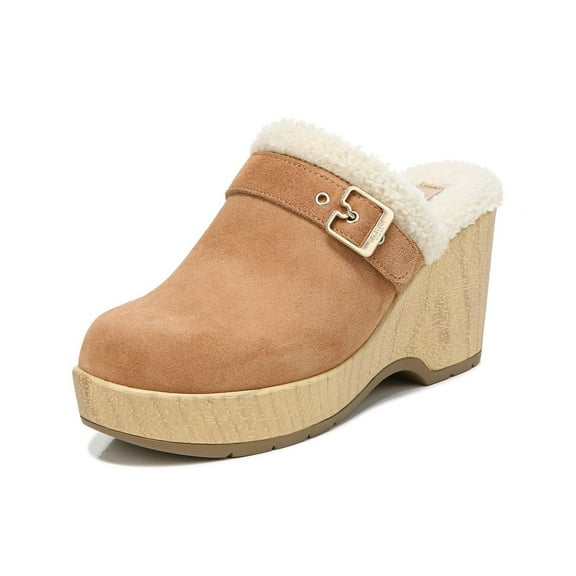 Dr. Scholl's Pixie Honey Velvet Buckle Accent Round Toe Wooden Wedge Heel Clogs (Honey Velvet, 10)
