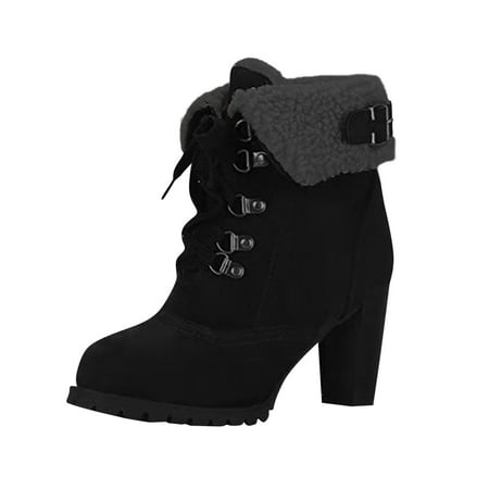 

Women Chunky Platform Suede Boots Fashion Lacing Up Plush Fleece Ankle Boots Warm Winter Heeled Casual Boot