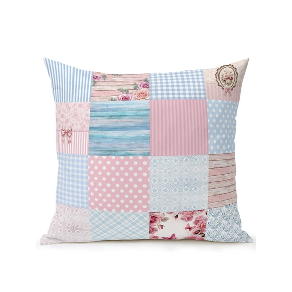 Outdoor Pillows Waterproof, Pink Blue Patchwork Bedding Throw Pillows with Insert for Couch Sofa Bed, Country Floral Farm Plaid Wooden Plank 16x16 Inch Pillowcases Decorative Patio Pillow Set of 1