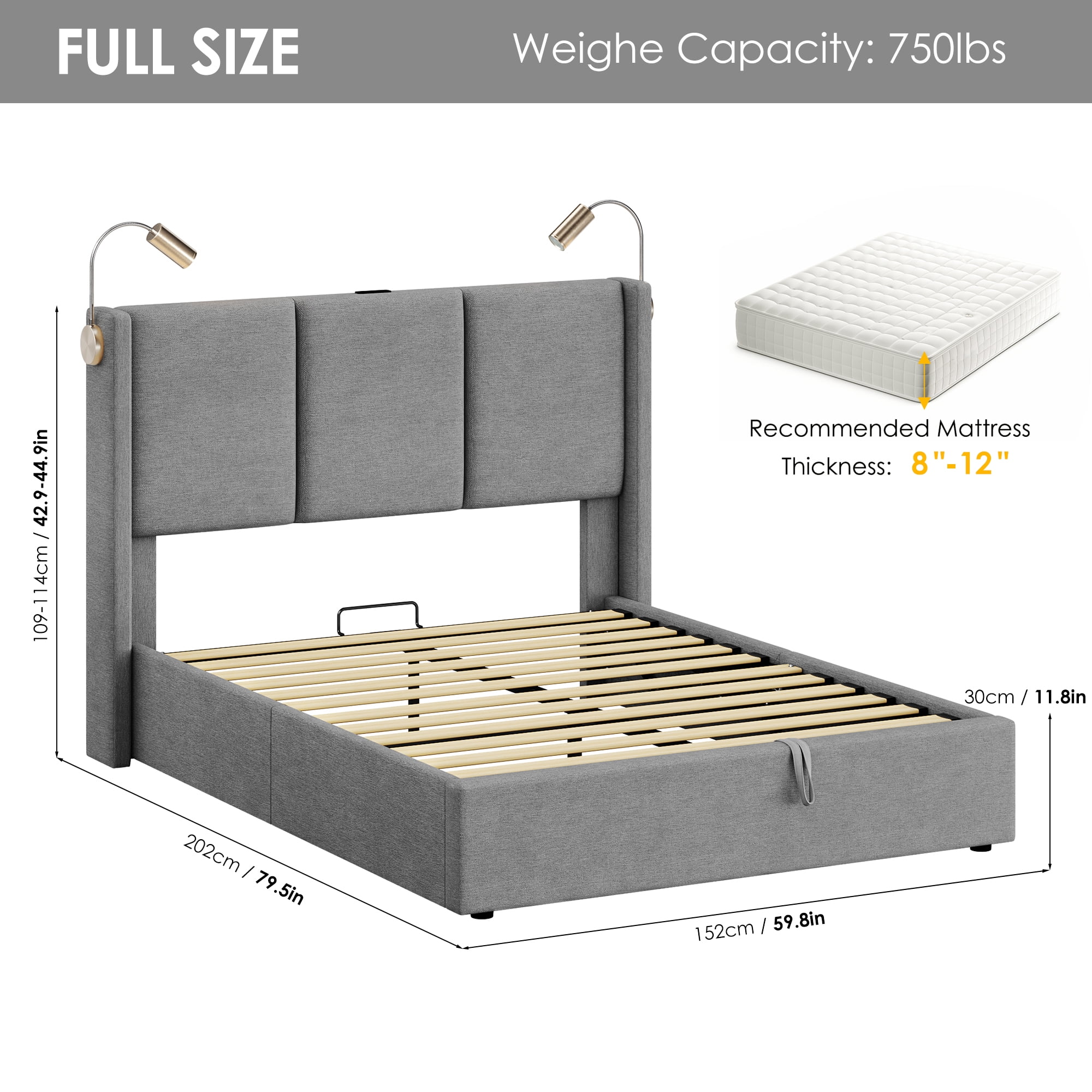 Homfa Queen Size Lift Up Storage Bed, Modern Adjustable Headboard