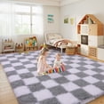 thumbnail image 2 of ZENELESS 8x10 Fluffy Rug for Living Room,Checkered Shaggy Soft Anti-Skid High Pile Carpet for Boys Girls Teen Room Dorm Home Decor,White and Light Gray, 2 of 7