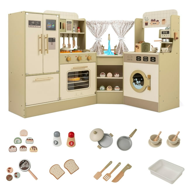 Gymax Kids Corner Play Kitchen w/Faucet Dishwasher Stoves Coffee Machine Refrigerator