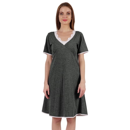 Inkmeso Solid Nightgown Dress For Women Nightwear Lace short sleeve Loungewear Tunic