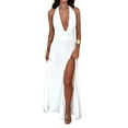 thumbnail image 2 of Womens Halter Deep V Neck Maxi Dress Sleeveless Backless Split Long Dress White M, 2 of 9