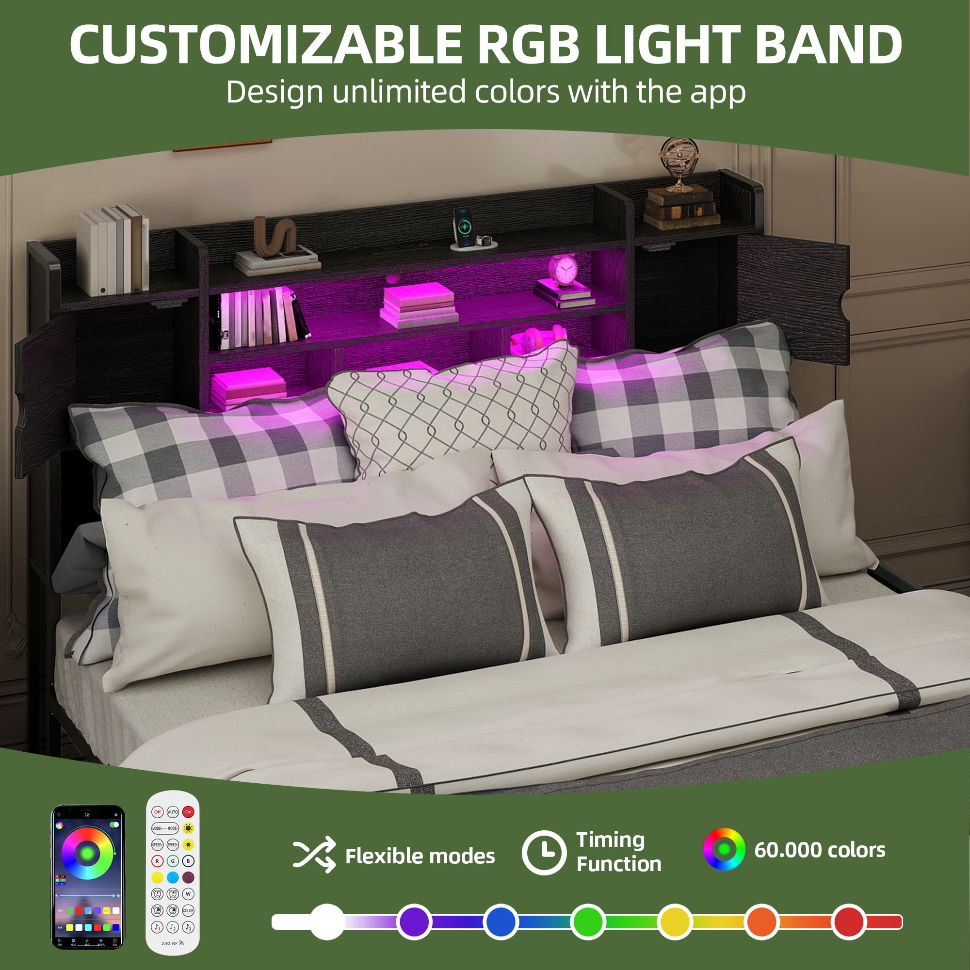 Uforic Queen Size Velvet Upholstered Platform Bed Frame with RGB Ambient LED Light, Built-In Charging Station, 4 Underbed Drawers, No Box Spring Required, Gray