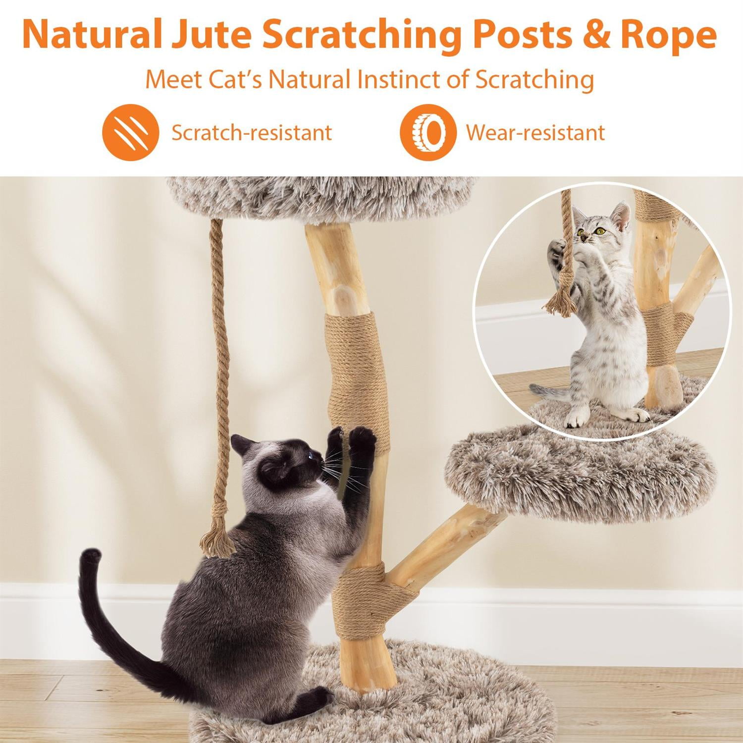 Pefilos Modern Wooden Cat Tree Tower, Top Perch & Natural Jute Scratching Posts, 3-Tier Design & Anti-Toppling, Brown