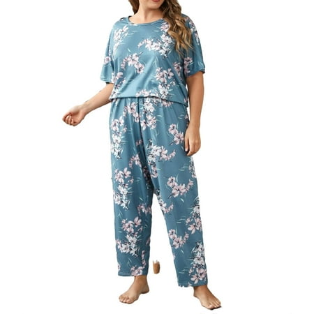 

Womens Plus Pajamas Sets Floral Pant Sets Sleepwear PJ Set Dusty Blue 5XL