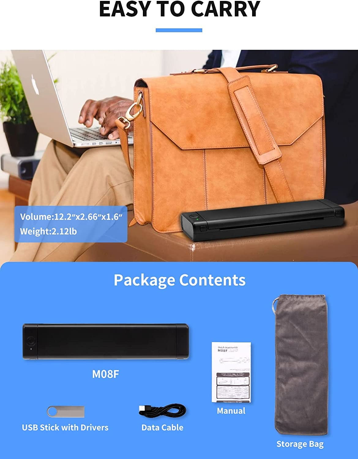 Phomemo M08F Portable Printer Wireless Thermal Printer for Travel, Support 8.5" X 11" Thermal Paper, Bluetooth Inkless Printer Compatible with Android iOS Phone & Laptop（Black）