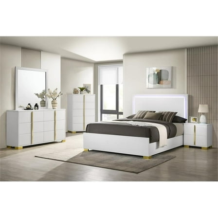 Coaster 4-Piece Contemporary Wood Queen Bedroom Set in White/Gold