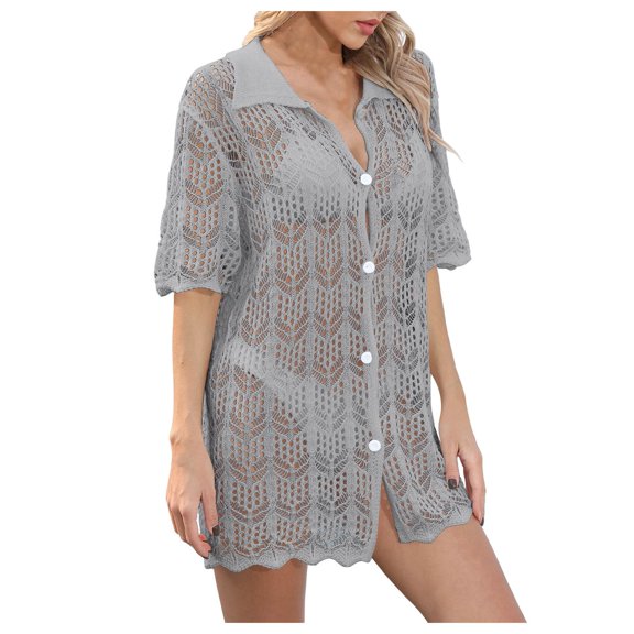 RFQWOVSR Women's Polo Neck Cover-Up Button Front Crochet Tunic Short Sleeve Swimsuit Coverup S