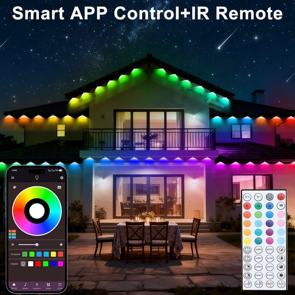 98.43ft Smart RGB IC Permanent Eave Lights, APP & Remote Control IP65 Waterproof Outdoor Roof String Lights