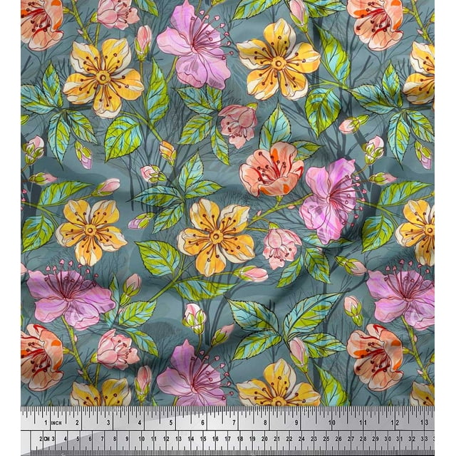 Soimoi Rayon Fabric Leaves & Buttercup Floral Printed Fabric 1 Yard 42 Inch Wide