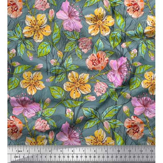 Soimoi Cotton Poplin Fabric Leaves & Buttercup Floral Decor Fabric Printed Yard 42 Inch Wide
