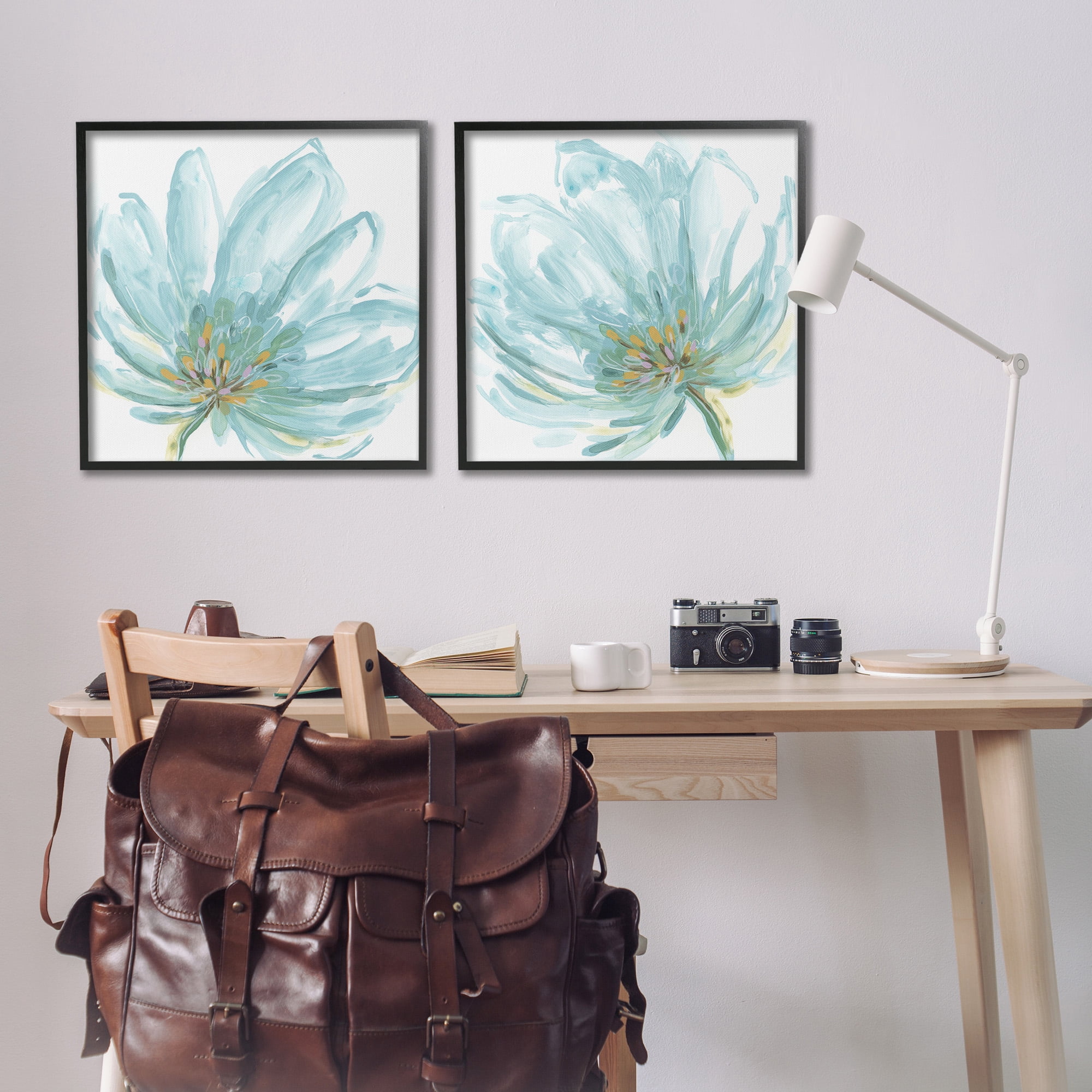 Stupell Industries Blue Blossoms on White Botanical & Floral Painting Black Framed Art Print Wall Art, 24 x 24, Set of 2
