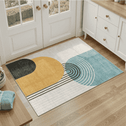 Abstract Machine Washable 2x3 Rug, Mid Century Modern Rug Soft Low Pile Non Slip Carpet for Kitchen Bathroom-Blue & Yellow