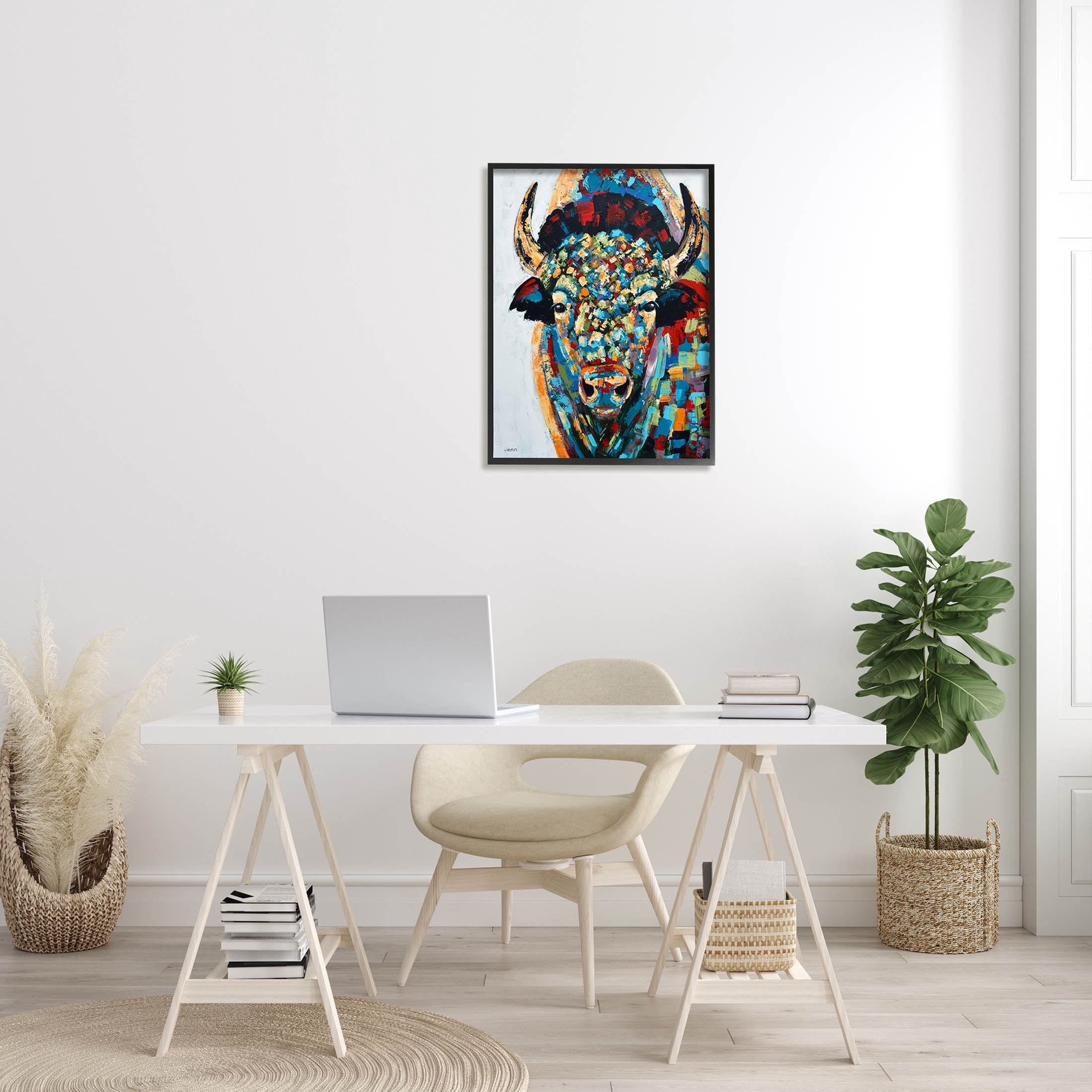 Abstract Bison Kaleidoscopic Strokes Animals & Insects Painting Black Framed Art Print Wall Art