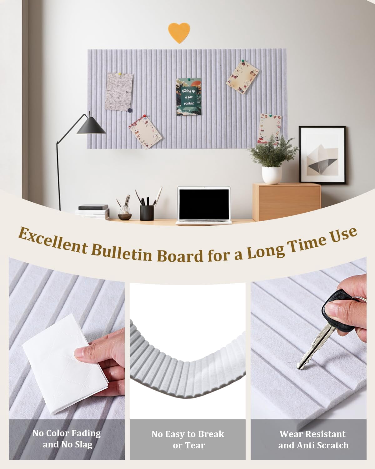 24x16 inches Large Bulletin Board, Decorative Felt Pin 0.35“ Thick Foldable Photo Display Board with Self-Adhesive Tape, Vision for School Home Kitchen Office Walls - Dark Camel