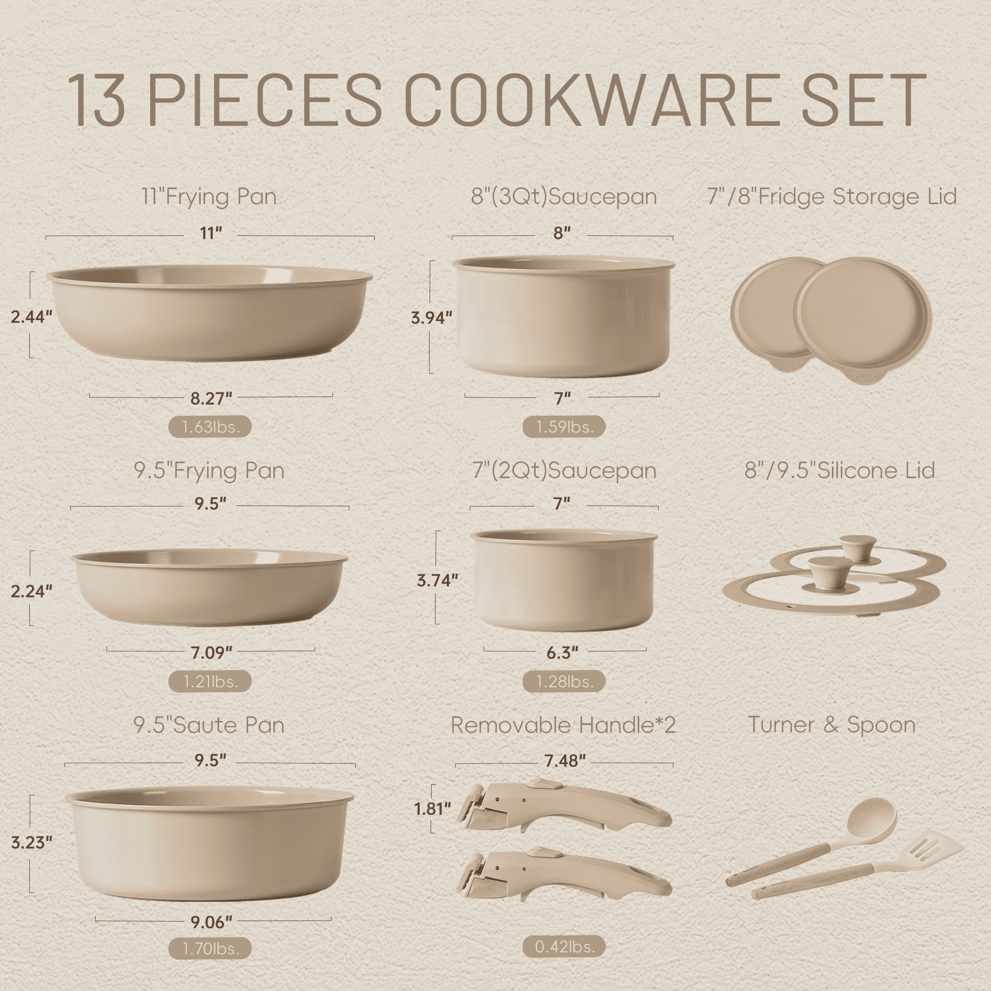 Carote Ceramic Cookware Set, Non Toxic Detachable Pots and Pans, 6 Pcs Induction Cookware, Taupe
