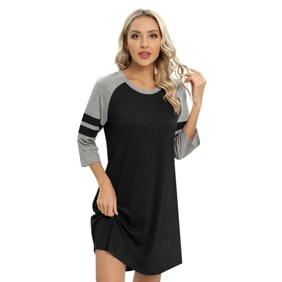 Sleepshirts Womens Nightgowns Soft Sleepwear 3/4 Sleeve Night Shirts O Neck Sleep Dress Loose Nighties Black S