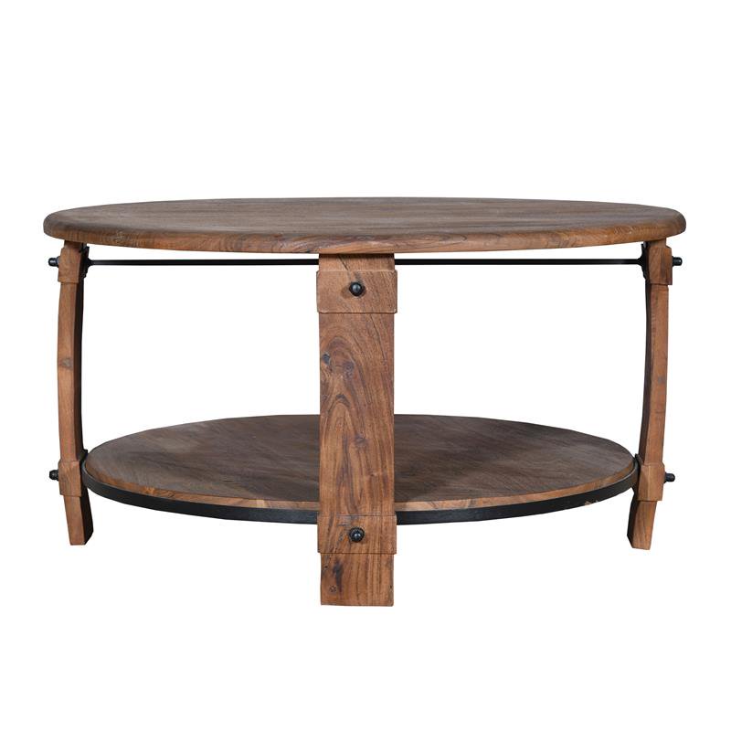 38 Inch Retro Style Round Wooden Coffee Table with Bottom Shelf in Natural Brown