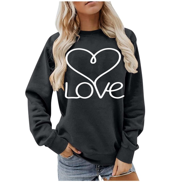 Ounisa Womens Valentines Sweatshirt Love Heart Graphic Print Pullover Casual Long Sleeve Valentine's Blouse Top
