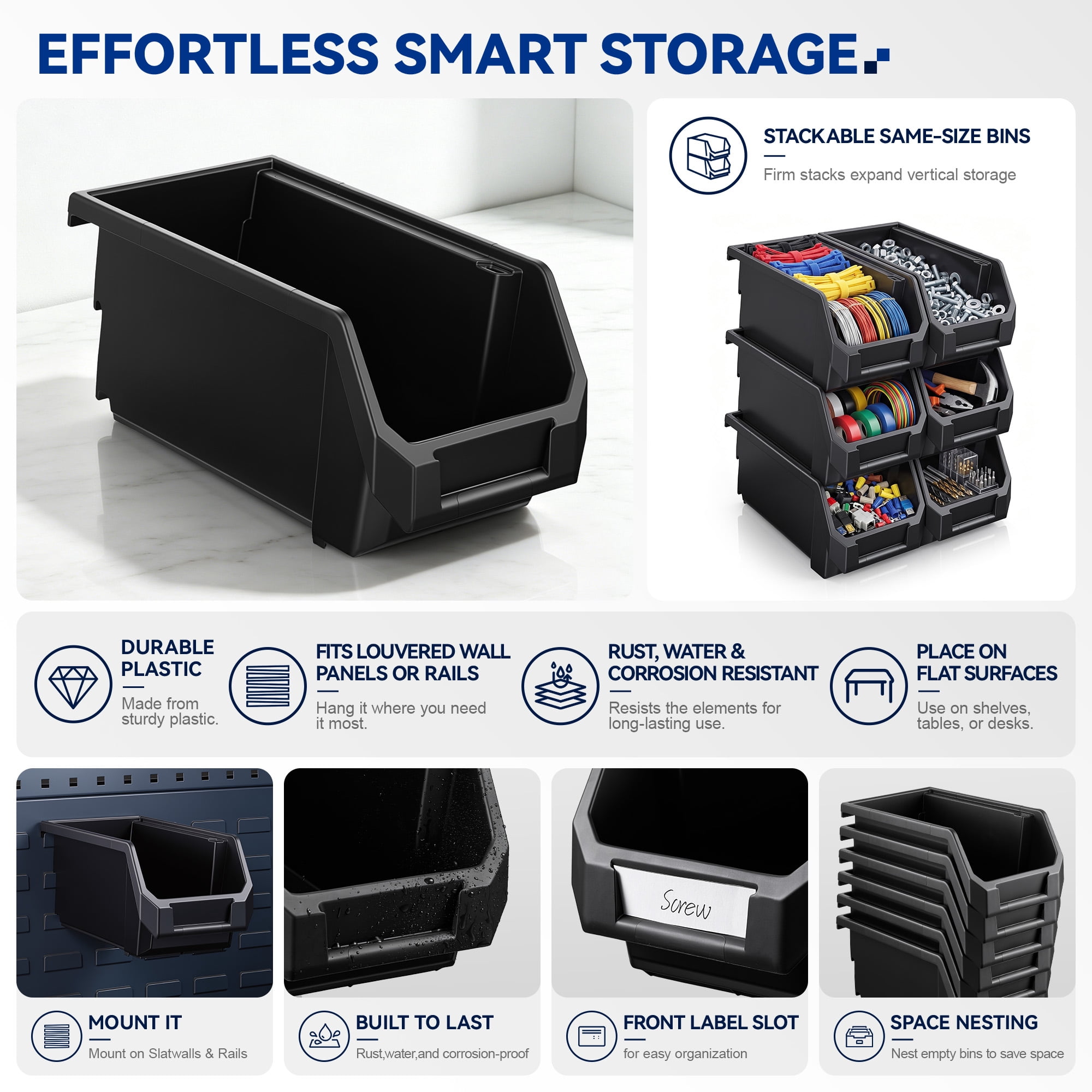 Sorbus Small Garage Storage Bins, Open Front Plastic Organizer, Black, 10 Pack