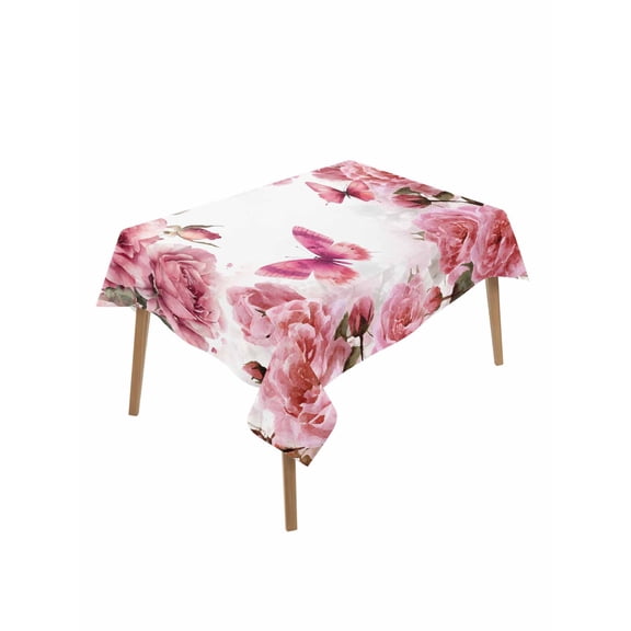 Pink Roses Table Cloth, Waterproof Tablecloth for Rectangle Tables, Spring Floral Elegant Pastoral Butterfly Reusable Washable Fabric Table Cover for Restaurant Kitchen Dining Tables 52"x70"