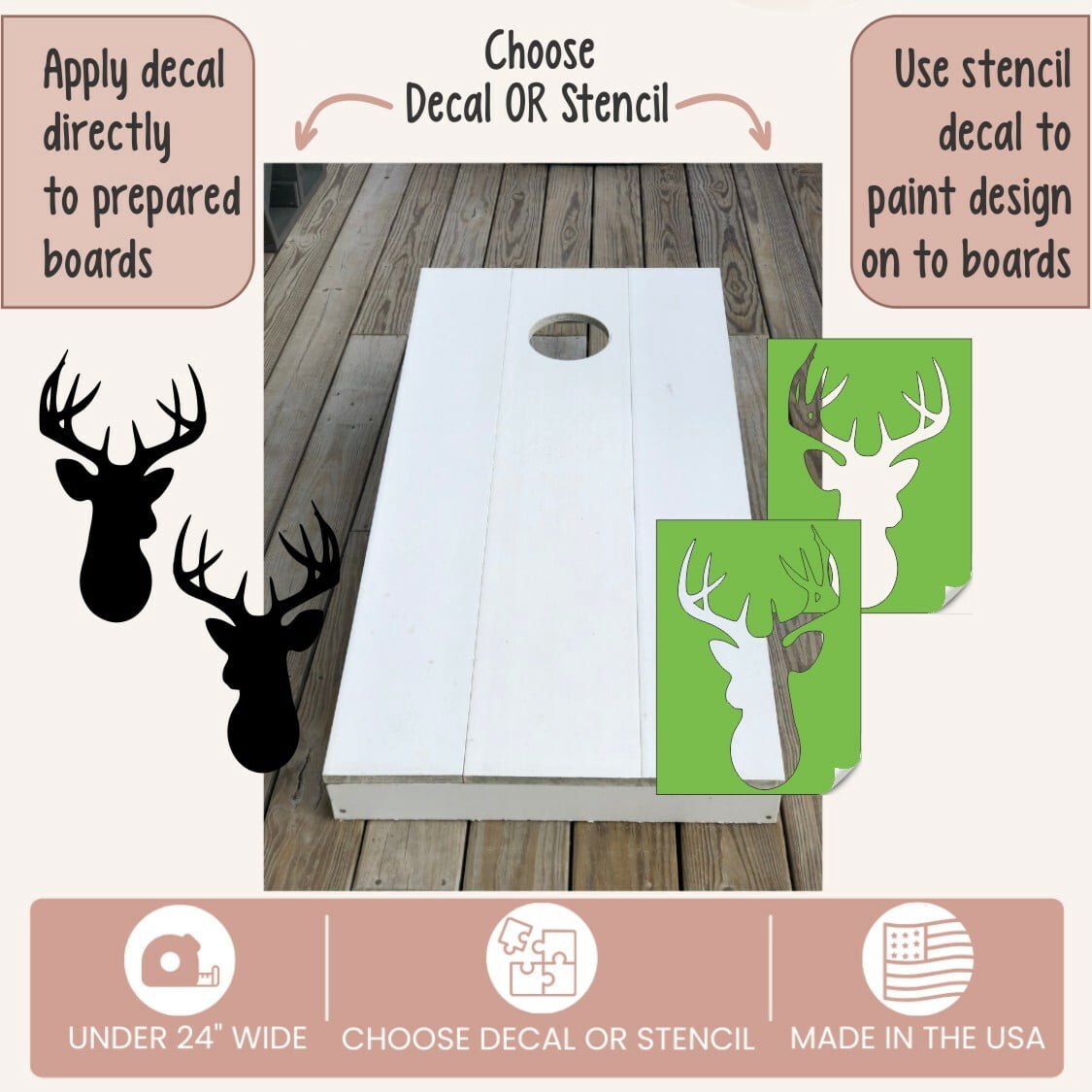 Deer Head Silhouette Outdoor Decal Stickers for Bean Bag Boards UV Resistant Cornhole Board Game Vinyl Decals or Stencil for Painting, Set/2, Black