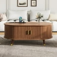 thumbnail image 2 of 42.5" Round Coffee Table with Charging Station, Mid Century Modern Center Table with 360° Sliding Doors and Non-Slip Foot Pads, Fluted Wood Accent Table for Living Room, Office, Walnut, 2 of 7