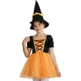 thumbnail image 3 of IEFIEL Kids Girls Halloween Witch Costume Carnival Party Dress Up Velvet Bubble Sleeve Tutu Dress with Hat Orange 6, 3 of 7
