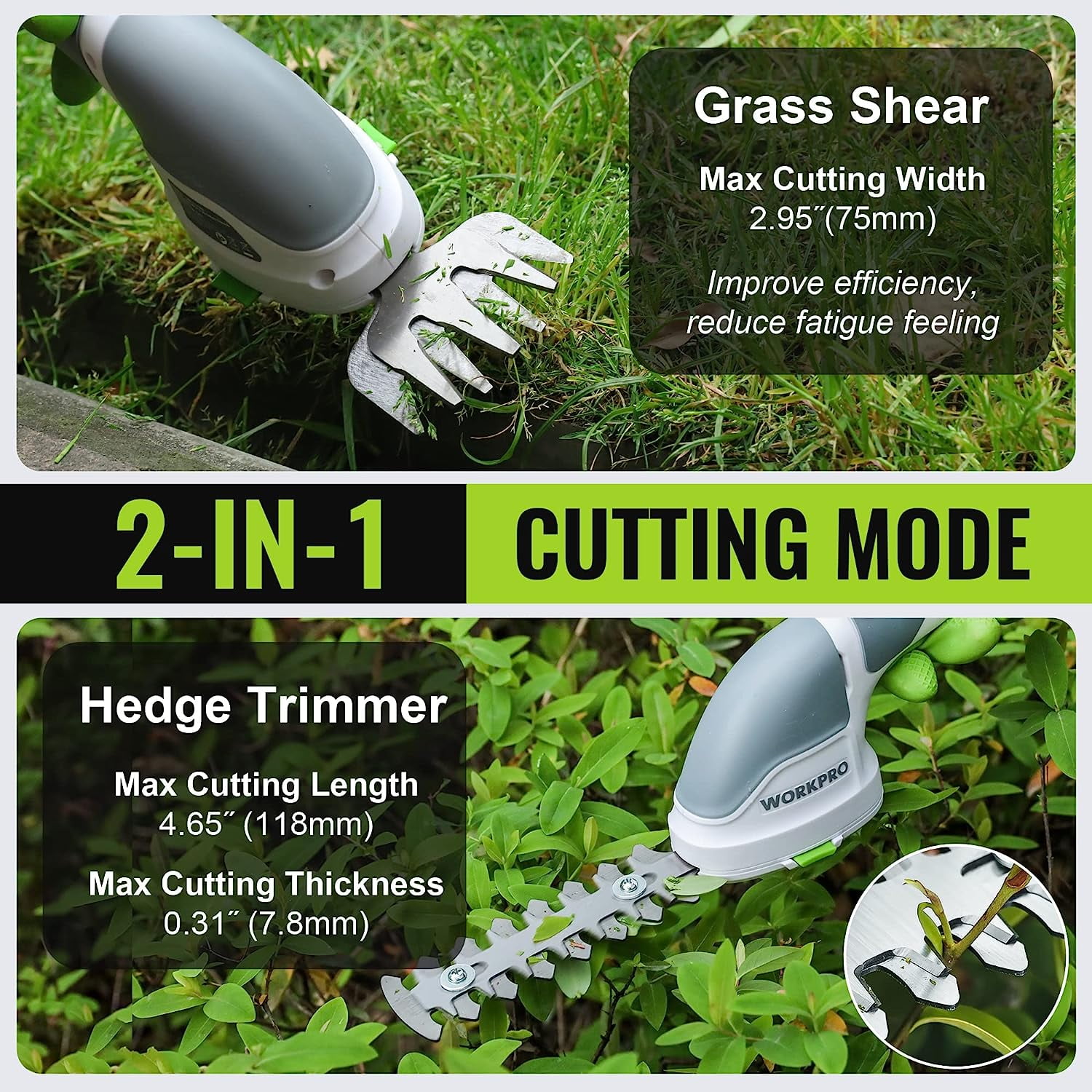 Cordless Grass Shear & Shrubbery Trimmer - 2 in 1 Handheld Hedge Trimmer Electric Grass Trimmer Hedge Shears/Grass Cutter Rechargeable Lithium-Ion Battery and Type-C Cable Included (White)