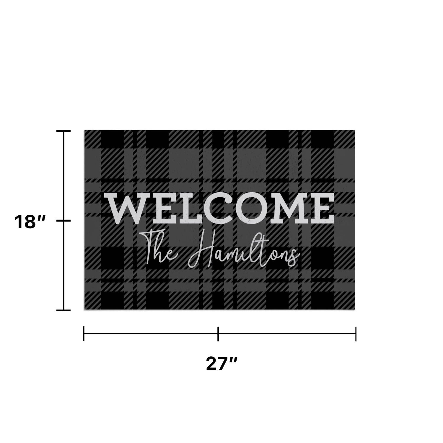 Personalized Planet 27x18 Black and Gray Plaid Welcome Doormat with Custom Family Name Printed on Rectangular 1/4” Thick Non Slip Mat for Kitchen Hallway Deck or Porch
