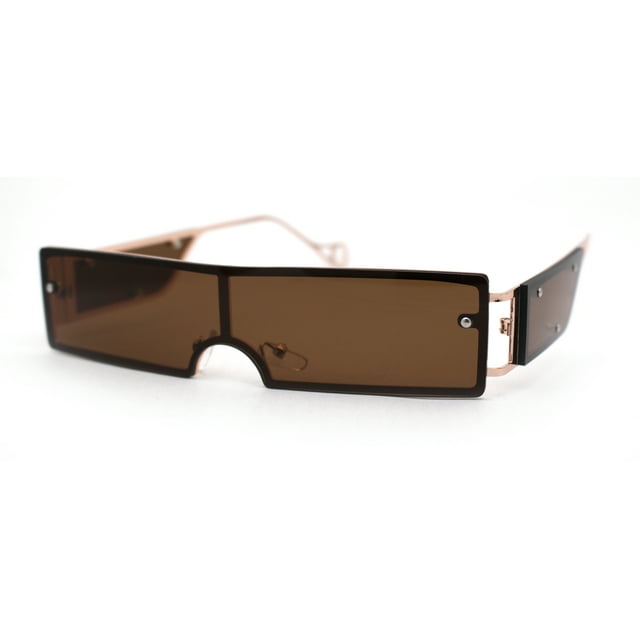 Mono Block Narrow Rectangle Cyclops Lens Metal Rim Sunglasses Gold Brown