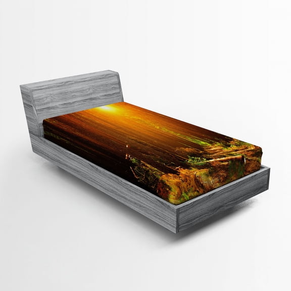 Ambesonne Landscape Fitted Sheet, Sunset Dawn Sun Rise, Twin XL Size, Earth Yellow Dark Orange