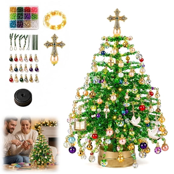 DIY Beaded Christmas Tree Kit with String Lights, 3D Crystal Bead Holiday Craft Set, Tabletop Decor for Adults