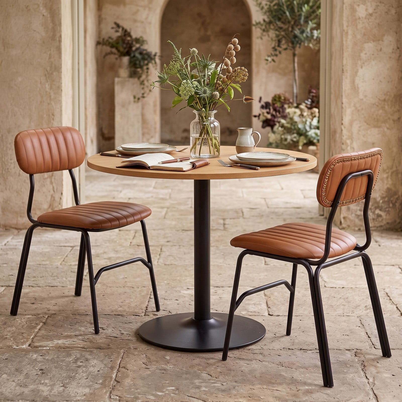 Furnibear Set of 2 Modern Dining Chairs, Upholstered PU Leather Kitchen Side Chairs with Ergonomic Backrest, Metal Legs, Rivet & Embellished Edges, 350 lb, Brown