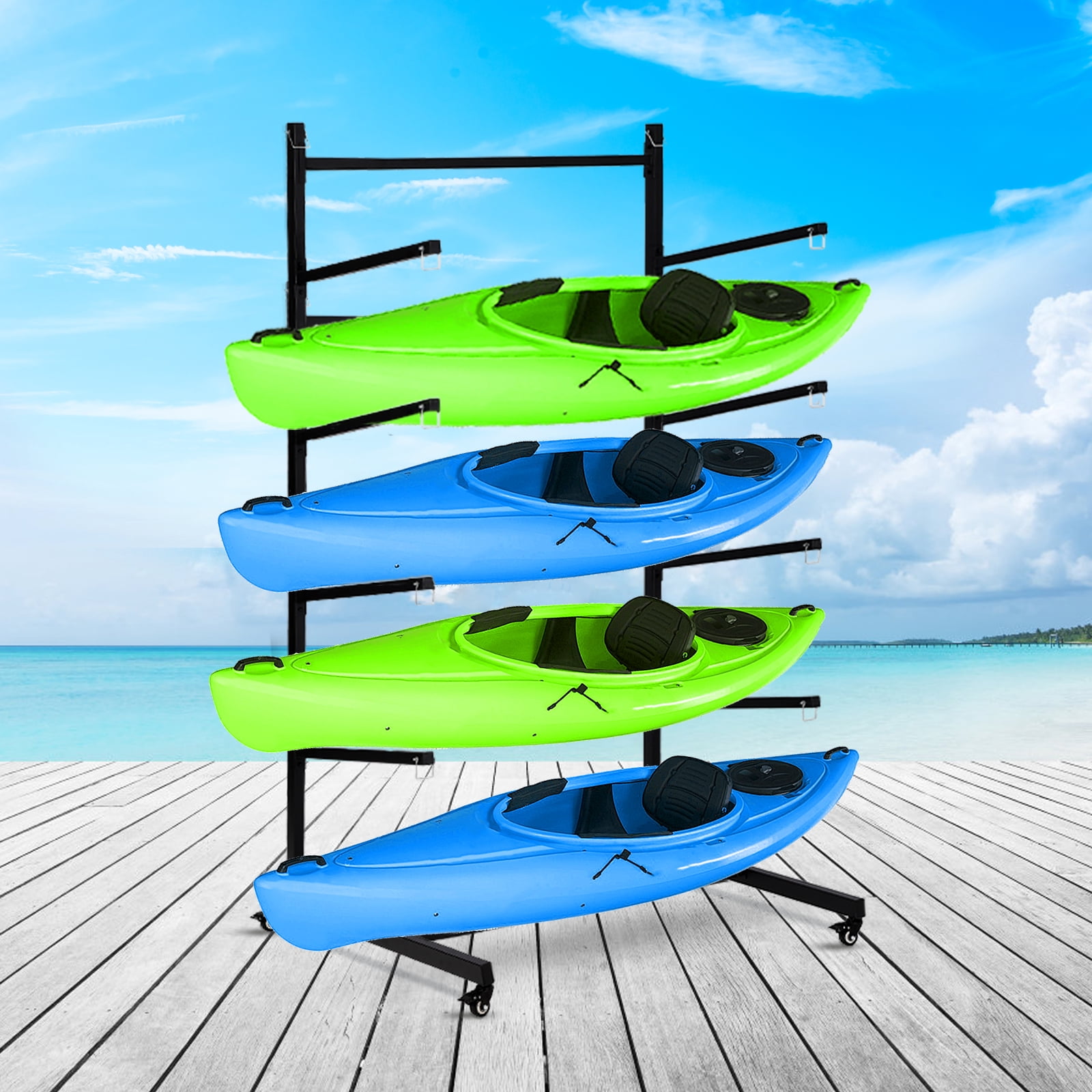 Kayak Storage Rack, Heavy Duty Kayak Racks for Garage and Outdoor Storage, Freestanding Kayak Stand with Wheels for Kayak, Canoe, Surfboard, Paddleboard,Black-4 Layers