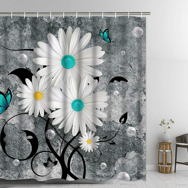 Ikfashoni White Daisy Shower Curtain, Waterproof Fabric Floral ...