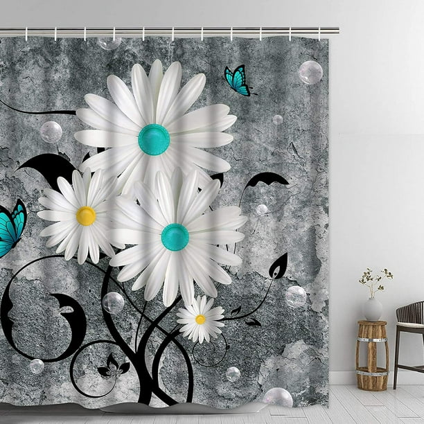 Ikfashoni White Daisy Shower Curtain, Waterproof Fabric Floral