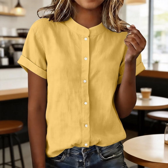 BUIGTTKLOP Button down Shirts for Women Short Sleeve Shirts Solid Color Loose Fitting Summer Beach Tops