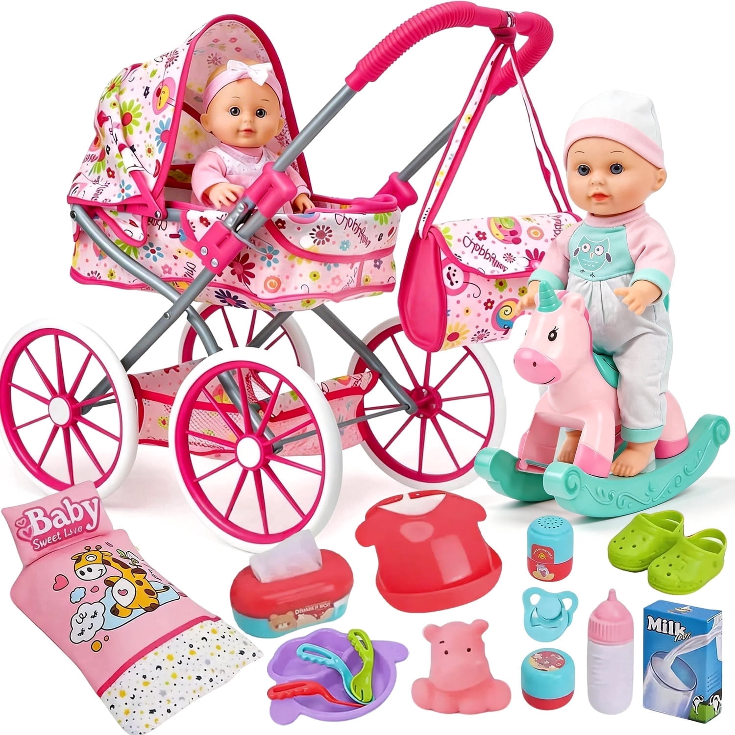 Aijohnny 12" Baby Doll Stroller Toys Set,Quilt Pillow,Rocking Horse,Accessories and 2 Outfits,Baby Doll Toys for Kids 3-7 Gifts
